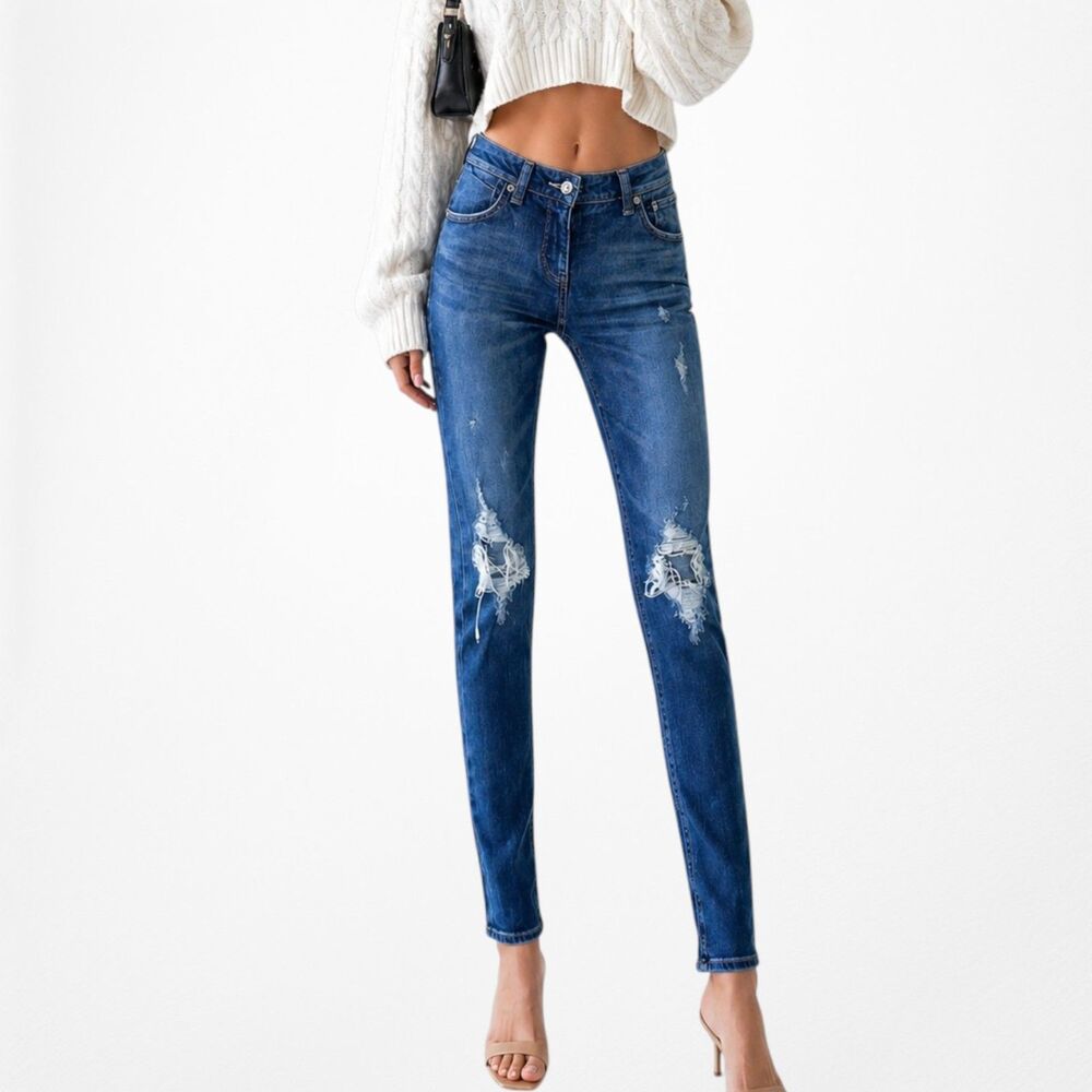 Regalect Dark Wash Ripped Knees Mid Rise Denim Distressed Skinny Jeans Size XS